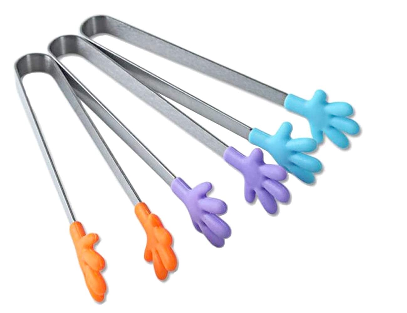 MAKINGTEC 3PCS Creative Small Palm Silicone Clip, Non-Slip Ice Clip, Stainless Steel Mini Food Clip,Colourful Small Kids Tongs for Serving Food, Ice Cube, fruits, Sugar(Purple, Blue, Orange)