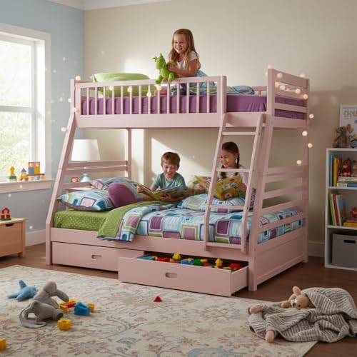 Image of APRODZ Solid Wood Elvira Light Pink Twin Over Queen Size Bunk Bed with Storage