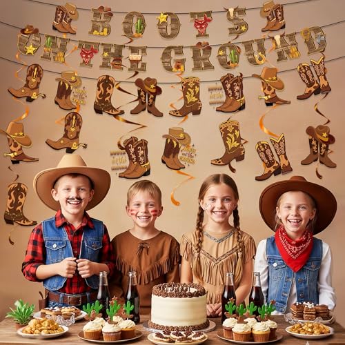Image of Boots on the Ground Decorations Include Boots on the Ground Banners Hanging Swirls Western Cowgirl Theme Party Supplies