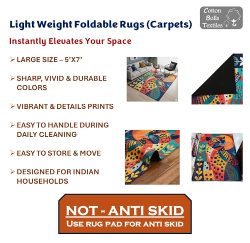 Image of Cotton Bolls Textiles Rugs for Living Room 5x7 Feet Large Size | Lightweight Foldable Carpet for Bedroom & Hall | Easy to Handle During Daily Cleaning | Travel Friendly Printed Rug | Leopard