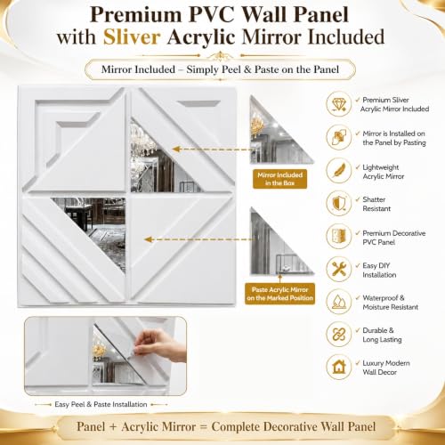 Image of Kayra Decor 3D PVC Wall Panels |Geometric Design | White Color with Silver Acrylic | Panels for Bedroom & Living Room | 19.7 x 19.7 Inch | Pack of 40 | 107.6 Sq Ft