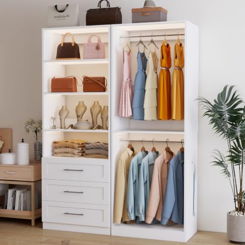Image of Closet Organizer System, 4-10.5FT Closet system with 3 Wooden Drawers, 4 Expandable Hanging Rods and 4 Shelves for Walk in Closet, Modular Closet Storage System with Shelves, Set of 2, White