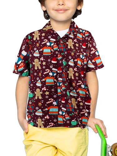 KING KAMEHA Funky Casual Hawaiian Shirt Kids Boys Girls Front-Pocket Loud Shortsleeve Unisex Christmas Reindeer Prints