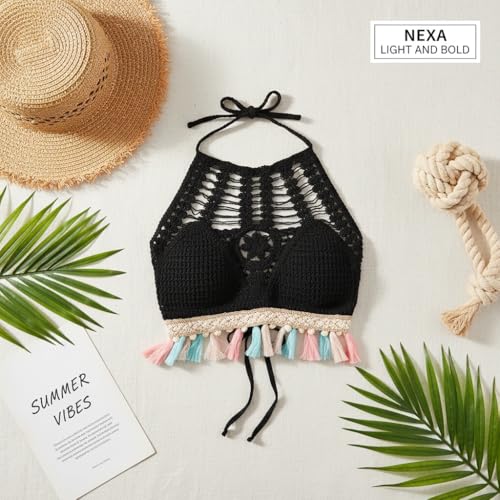 Image of PALAY Women's Summer Beach Backless Crochet Halter Bikini Crop Top Crochet Hollow Out Tassle Embroidery Knit Boho Beachwear