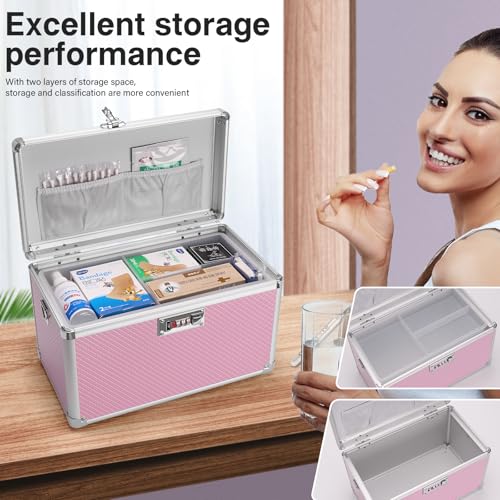 Image of Lock Box for Medication - 11.2 x 7.6 x 7.12 Inch Medicine Organizer Case with Combination Lock, First Aid Kit Empty, Lockbox with Code, Portable Storage Box for Home School Bussiness, Pink