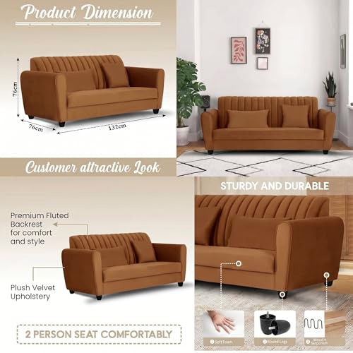 Image of Velvet 2 Seater Sofa, Chesterfield Tufted Sofa with Nailhead Trim, Rolled Arm Sofa with Wood Legs for Living Room & Office (Brown)