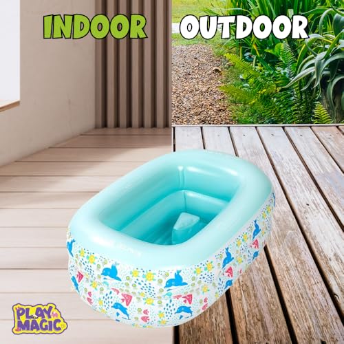Image of PlayMagic AquaBub Dolphin Rectangular Inflatable Bathtub|Swimming Pool with Leg Support|Soft Material Portable Bath Tub|Travel Bathing Tub|Outdoor Toy for Kids 6-24 Months|Birthday Gift