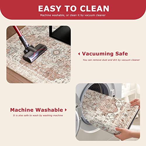 Kozyfly 2X3 Non-Slip Washable Rug - Small Vintage Persian Rug Print Rug Thin Rug Boho Rug 2X3 Rug For Entryway, Kitchen, Bathroom - Distressed Medallion Brick Red Chenille Carpet #TOP6