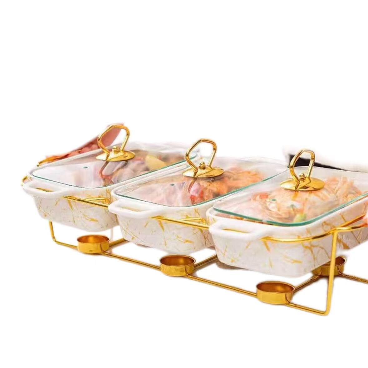 Zestaw serwerów bufetowych z naczyniami i szklanymi pokrywkami, eleganckie białe podgrzewacze do żywności na wesela, urodziny i imprezy gastronomiczne, 3 x 0,9 QT