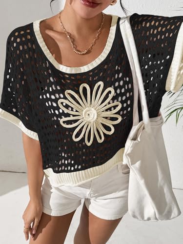Image of OCSTRADE Summer Crochet Tops for Women Boho Crop Hollow Out Sweaters Beach Vacation Knit Cover Ups