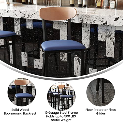 Image of Flash Furniture Wright Set of 2 Commercial Barstools - Natural Wood Boomerang Back - Blue Vinyl Seat - 500 LB. Capacity Black Steel Frame - Integrated Footrest
