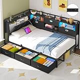 Brinlawb Schlafsofa mit LED-Beleuchtung und Ladestation(2 AC-Steckdosen + 2 USB-Anschlüsse) Jugendbett 90x200 cm mit 6 Schubladen, Tagesbett 90x200 cm, Gepolsterte Rückenlehne mit verstecktem Stauraum