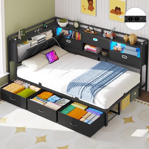 Brinlawb Schlafsofa mit LED-Beleuchtung und Ladestation(2 AC-Steckdosen + 2 USB-Anschlüsse) Jugendbett 90x200 cm mit 6 Schubladen, Tagesbett 90x200 cm, Gepolsterte Rückenlehne mit verstecktem Stauraum