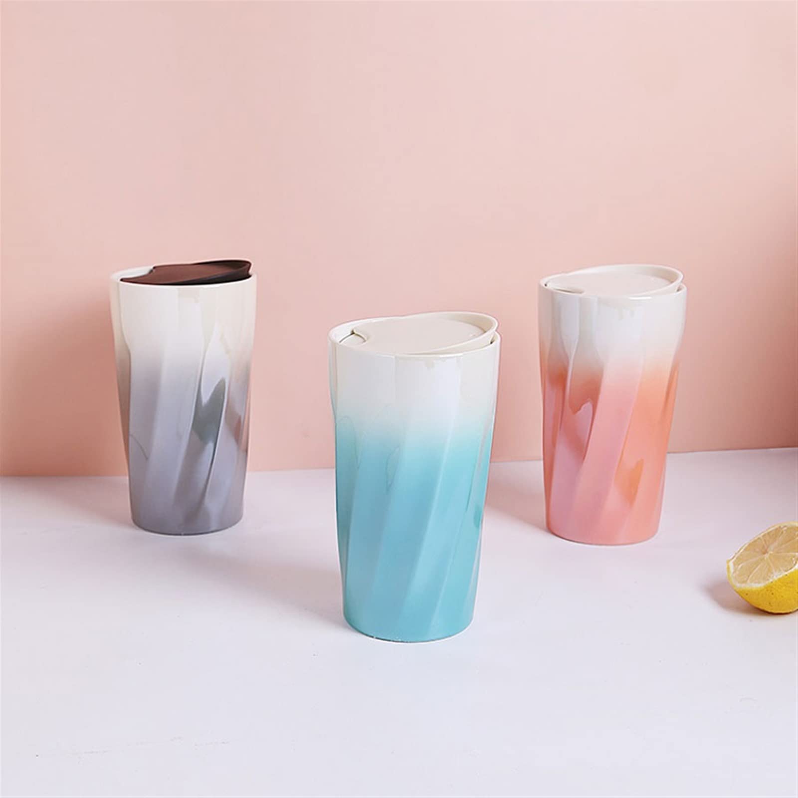 Tasse Becher 350 ml Keramik-Wasserschale Autoschale Anti-Verbrühungs-Doppelschicht-Becher Kaffeetasse mit Farbverlauf und Silikonabdeckung Kaffeetassen (Color : D)