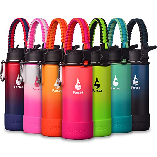 Farsea Insulated Water Bottle With Paracord Handle, Protective Silicone Boot and 2 Lids (Straw Lid & Spout Lid), Stainless Steel Water Bottle Wide Mouth, Double Wall Sweat-Proof BPA-Free, 18 oz