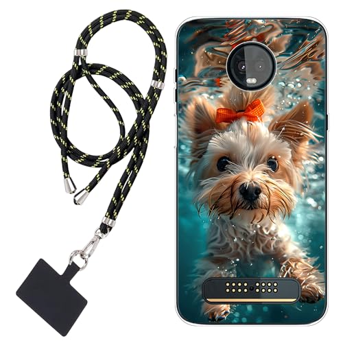 WUACYEAMING Carcasa para Móvil Compatible con Motorola Moto Z3 Play Cover Funda Transparente para móvil con Dibujo TPU Lindo Perro nadando1*Cordón para Teléfono Ajustable