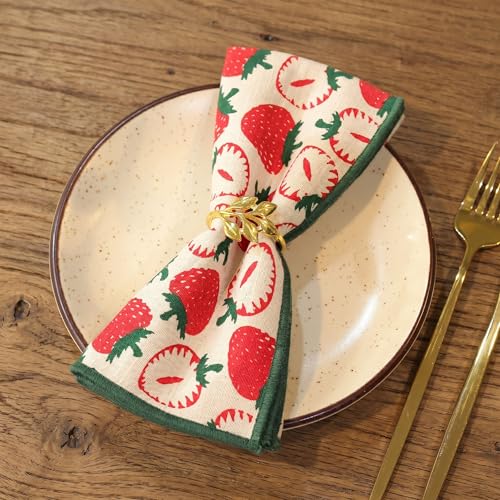 Image of R home Set of 6 - 16x16 Inch (40x40 cm) Strawberry Print Cotton Napkins | Soft Slub Cotton Dining, Cocktail & Kids Napkins | Reusable Machine Washable Cloth Napkins with Peko Borders