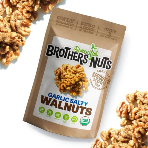 Brothers Nuts Garlic Salty Walnuts – Organic, Sprouted Walnuts – Healthy Keto Snack – Vegan, Gluten-Free, Kosher – No Preservatives – 6 oz