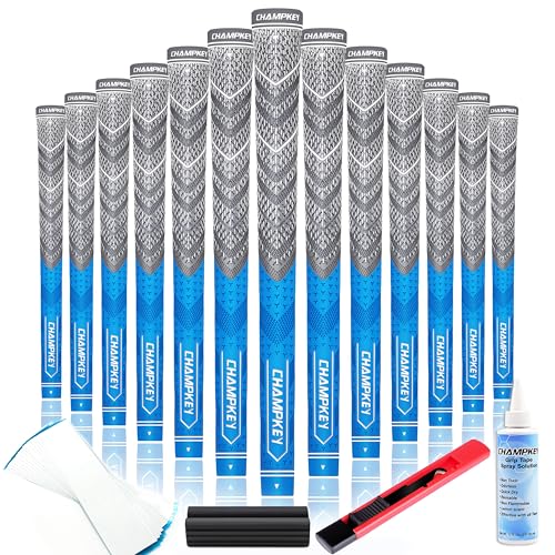 CHAMPKEY Advanced Hybrid Golf Grips 13 Pack with Full Repair Kits - All Weather Performance Golf Club Grips - High Traction and Control Half Corded Golf Grips (Blue, Midsize)