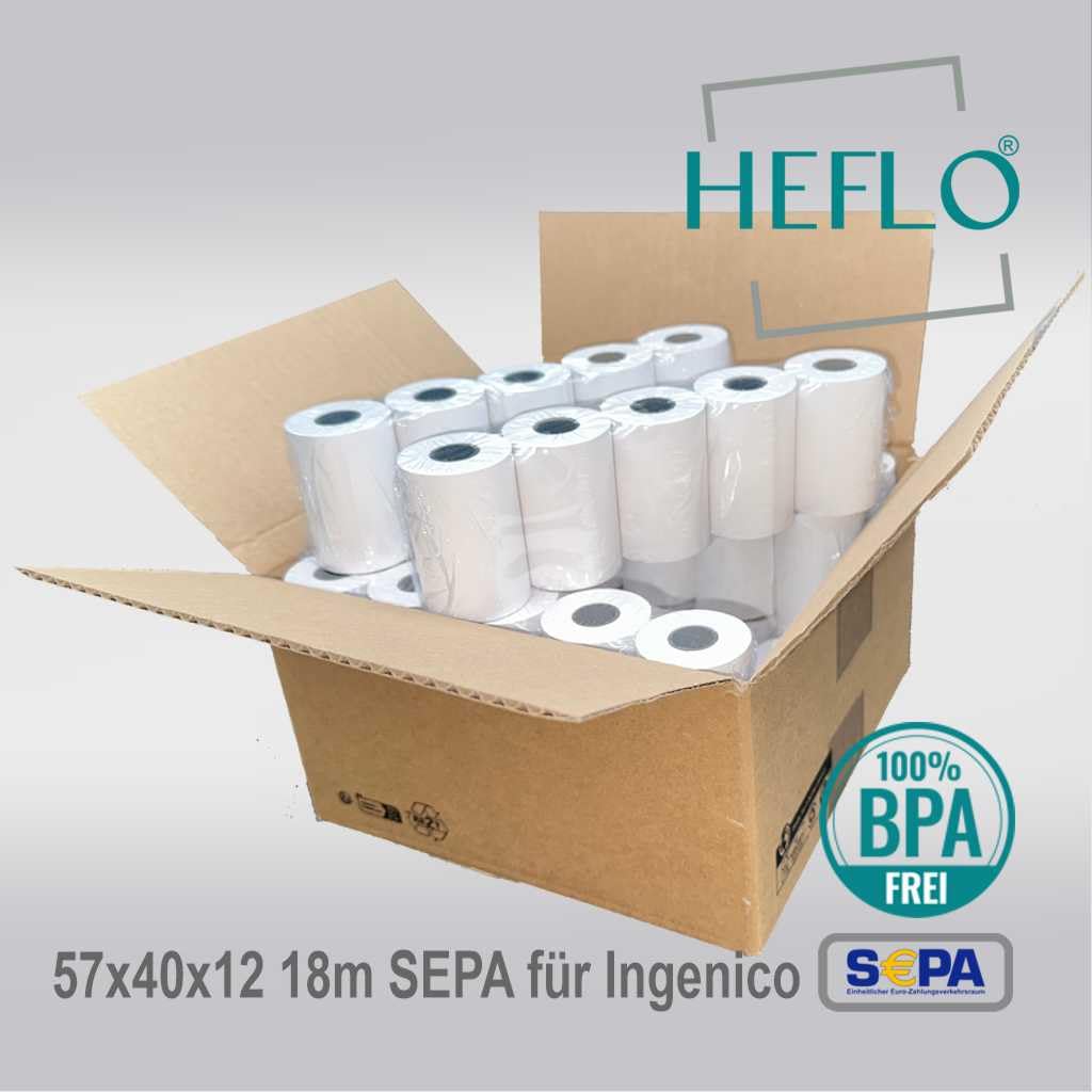HEFLO Kassenrollen 57mm x 40mm x 12mm Kern, 18m, Ø 39mm, SEPA-Text, BPA-frei – Thermorollen für EC-Cash-Geräte, FSC Mix, Rote Endmarkierung, 100 Stück