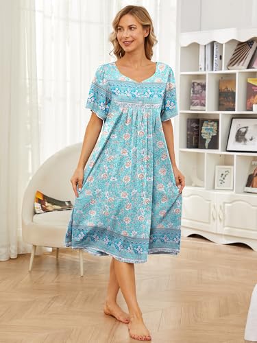 Image of CRIPOM Womens Nightgown Short Sleeve House Dress with Pockets-Floral Print Mumu Dress S-3XL