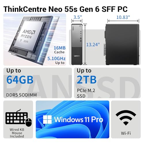 Image of Lenovo ThinkCentre Neo 55s SFF Business AI Desktop, AMD Ryzen 7 250 (up to 5.10 GHz), 64GB DDR5, 2TB SSD, Support 2-Monitor 4K, DP, HDMI, Wired KB & Mouse, Wi-Fi, Windows 11 Pro, Flash Drive Bundle