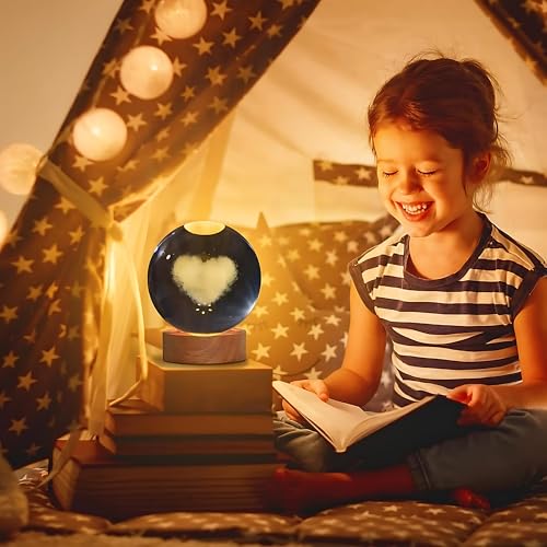 Image of 3D Crystal Ball Night Light with Wooden Base, Aesthetic Clear LED Lamp for Home and Bedroom Touch Switch, Warm Light for Kids and Teens Perfect Birthday & Anniversary (Heart Lamp)