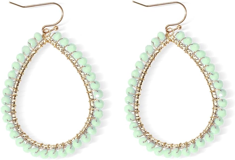 Bohemian Boho Beaded Teardrop Dangle Drop Earrings Hollow Sparkly Crystal Gold Wire Wrapped Crystal Earrings for Women Statement Jewelry