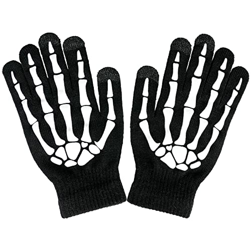 XUECHEN Thickened Glowing Skeleton Gloves,Touch Screen Unisex Full Finger Gloves,Halloween Winter Gloves for Cosplay