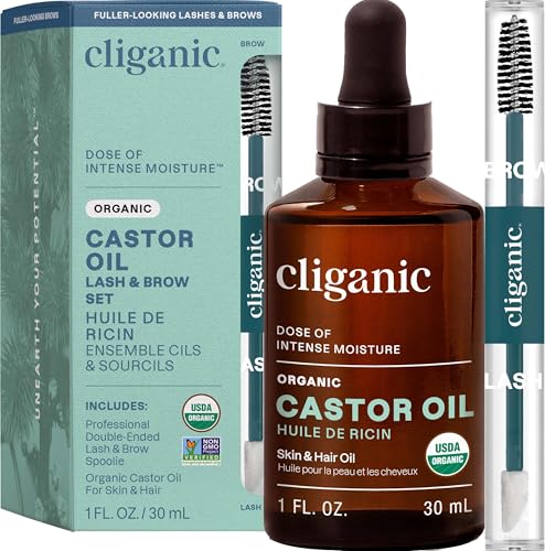 Cliganic Organic Castor Oil, 100% Pure (1oz Glass Bottle with Eyelash Kit) - For Eyelashes, Eyebrows, Hair & Skin (Packaging May Vary)