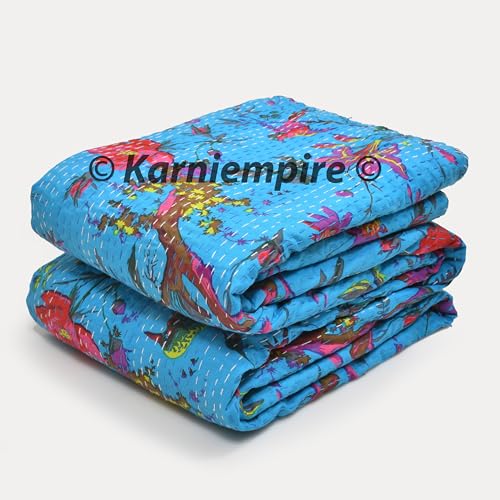 Handmade Cotton Turquoise color Bird Print Stitched Kantha Quilt Indian Bedspread Throw Blanket Quilts Reversible Bohemain Bedding Coverlet Bedspread Throw Bed Sofa Cover (Queen [90