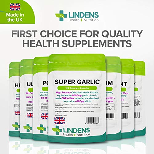 Lindens Hochdosierte Super-Knoblauch 6000 mg Kapseln | 120 Verpackung | Hochdosierter, geruchsloser Knoblauchextrakt, entspricht 6000 mg Knoblauchzehen in jeder Tageskapsel, standardisiert mit 4200 μg Allicin