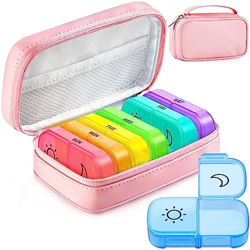AMOOS Macaron Stylish Pill Organizer 2 Times a Day, PU Leather Bag Weekly Pill Organizer, 7 Portable AM PM Pill Cases for Purse with Storage Bag to Store Vitamins/Medications/Fish Oils, Pink