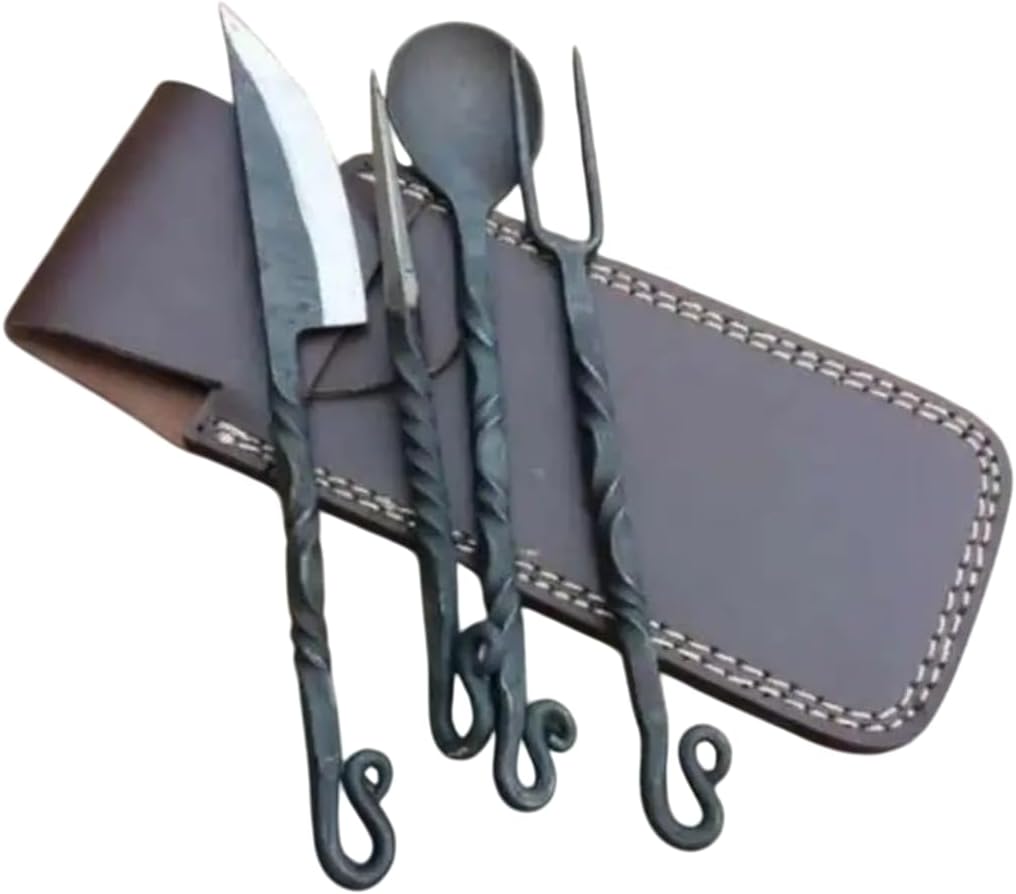 Hand-Forged Viking Cutlery Set – Medieval Knife, Spoon & Fork with Twisted Iron Handles | Rustic Camp Eating Utensils with Leather Sheath for LARP, Reenactment & Outdoor Use.