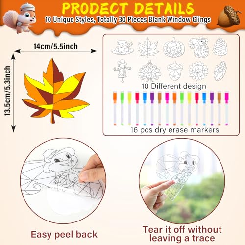 Qyeahkj QY1439 30 Set Thanksgiving Fall Arts Crafts For Kids Autumn Pumpkin Window Suncatcher Craft Kit Diy Turkey Coloring Craft Window Cling Sticker With Markers Harvest Party Gift For Home Classroom Decor thumb #1
