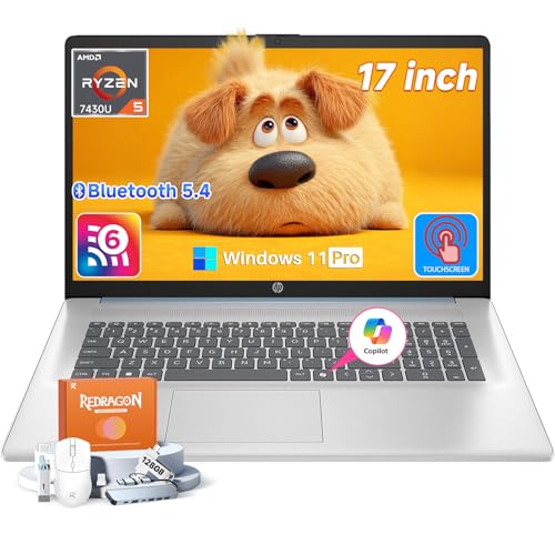 Image of HP 2026 17 inch Touchscreen Laptop, Windows 11 Pro, Copilot AI, AMD Ryzen 5 7430U, 17.3" HD+ Anti-Glare Touch Screen, 32 GB RAM, 2 TB SSD, Fast Charge, HD Camera, Wi-Fi 6, Bluetooth 5.4, Accessories