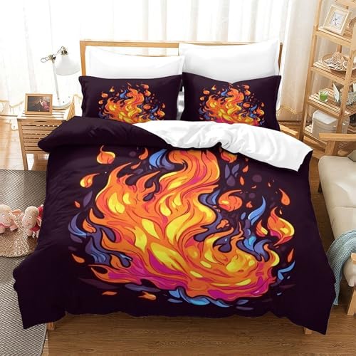 Housse de couette flammes 3D microfibre lit double sans décoloration