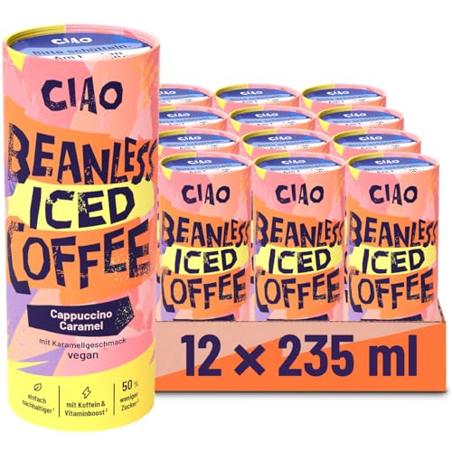 Ciao Coffee Eiskaffee Cappuccino 12×235 ml | Aus europäischem Getreide I Koffeinkick wie Espresso (90 mg) | 50% weniger Zucker & Funktionaler Vitaminkick – Ohne Kaffeebohnen (12 Pack, Karamell)