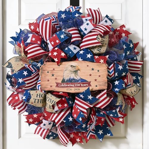 250th Anniversary Patriotic Wreath 4th of July Wreaths for Front Door with Wooden Eagle Door Sign & Red White Blue Ribbon for Independence Day Memorial Day Patriotic Decorations(18In 1Pcs)