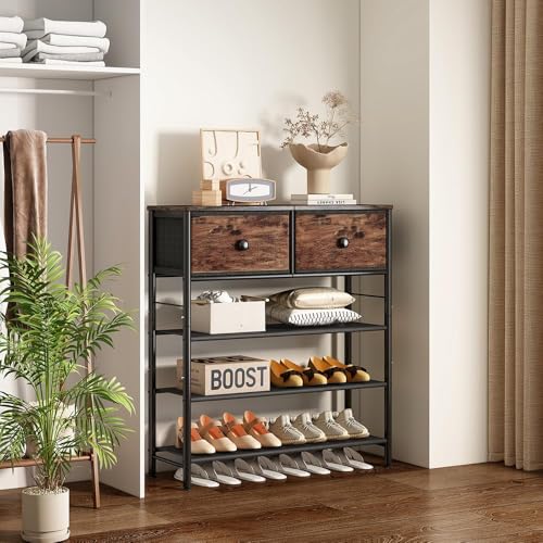 Image of INGIORDAR Shoe Rack Organizer 5 Tier Metal Organizer Shelf with Industrial MDF Board and Layer Fabric for Entryway Closet Bedroom Living Room Garage (Black+Rustic Brown, 4 Tier with 2 Drawers)