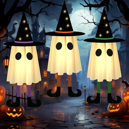 Larber 3pcs Fantasmas Colgantes de Halloween,60CM Fantasmas Colgantes para Exteriores con Sombrero de Bruja para Arboles Chimeneas Aleros y Patios en Fiestas de Halloween Decoración