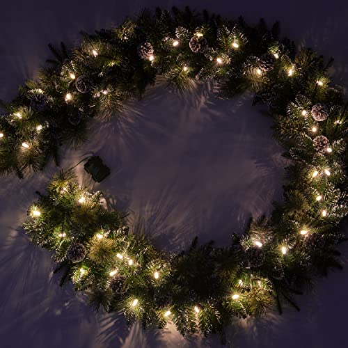 9Ft Pre-Lit Christmas Garland, Plug in, Green, 50 White Lights, Fireplace Stairs Mantle Door Indoor Outdoor, Decorated Pine Cone and Snow Style - Image 5