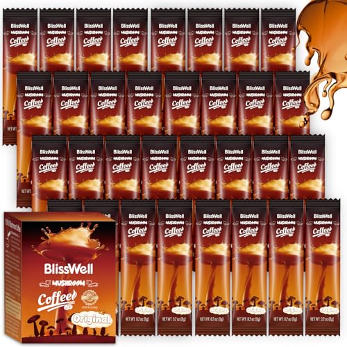 BlissWell Pilzkaffee Mushroom Coffee in 32 Einzeldosisbeuteln (192 g) | 7 Pilzextrakte + Ashwagandha L-Theanin & Baldrian | 2250 mg Wirkstoffkomplex pro Portion