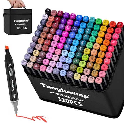 Tongfushop 120+2 Feutre a Alcool, Séchage sûr et Rapide Feutres Coloriage Adulte, Marqueurs de Dessin avec Sac en Tissu Portable et Base, pour Artistes et Adultes à Colorier