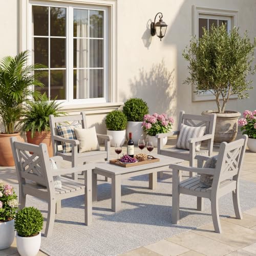 Image of Psilvam Outdoor Patio Dining Chair, Poly Lumber Cross Back Arm Chair, Gray