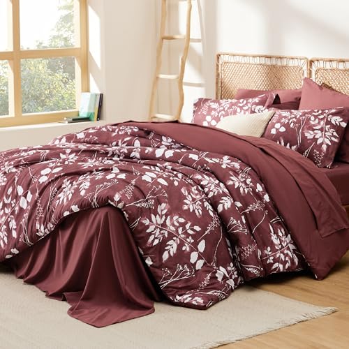 Image of Bedsure Floral Burgundy Comforter Set, Full Bedding Sets, 7 Piece