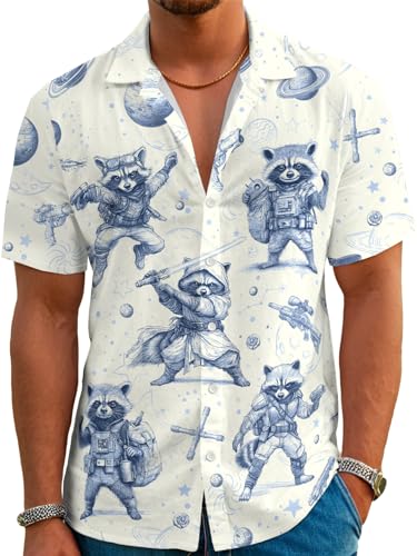 REVENEVER Funny Hawaiian Shirts for Men Short Sleeve Button Down Casual Shirts Summer Blue Sketch Raccoon Wars Print Tropical Beach Shirt