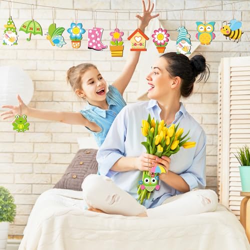 GlikCeil 40 Pcs Spring Flower Ornaments Spring Tree Ornaments Wood Easter Tree Decorations Spring Butterfly Flower Gnome Hanging Decorations for Holiday Spring Easter Party Home Tree Decoration