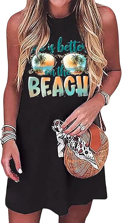 Image of Sun Salt Sand Coconut Tree Tank Mini Dress for Women Casual Loose Sleeveless Beach Praty Shirts Summer Vacation Short Dress