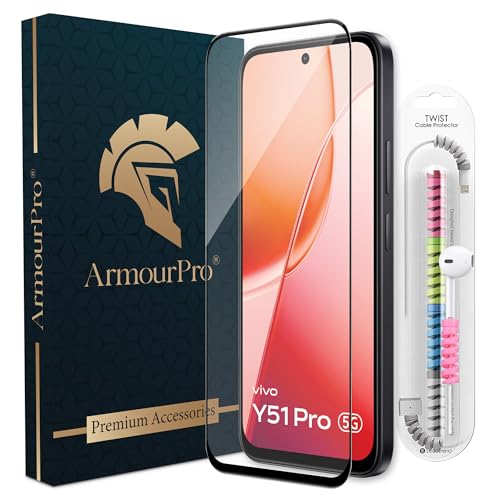 Image of ArmourPro Military-Grade Tempered Glass for Vivo Y51 Pro - 9H Anti Scratch, Edge-to-Edge Coverage, HD Clarity, Smooth Touch, Case Friendly, Easy Installation Kit with Cable Protector